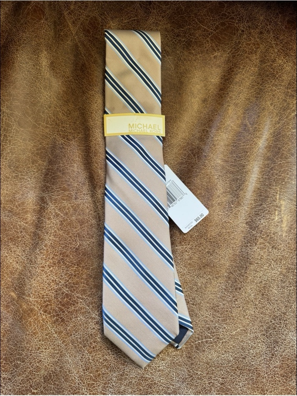 Michael Kors Beige Tie with Navy and White Diagonal Stripes